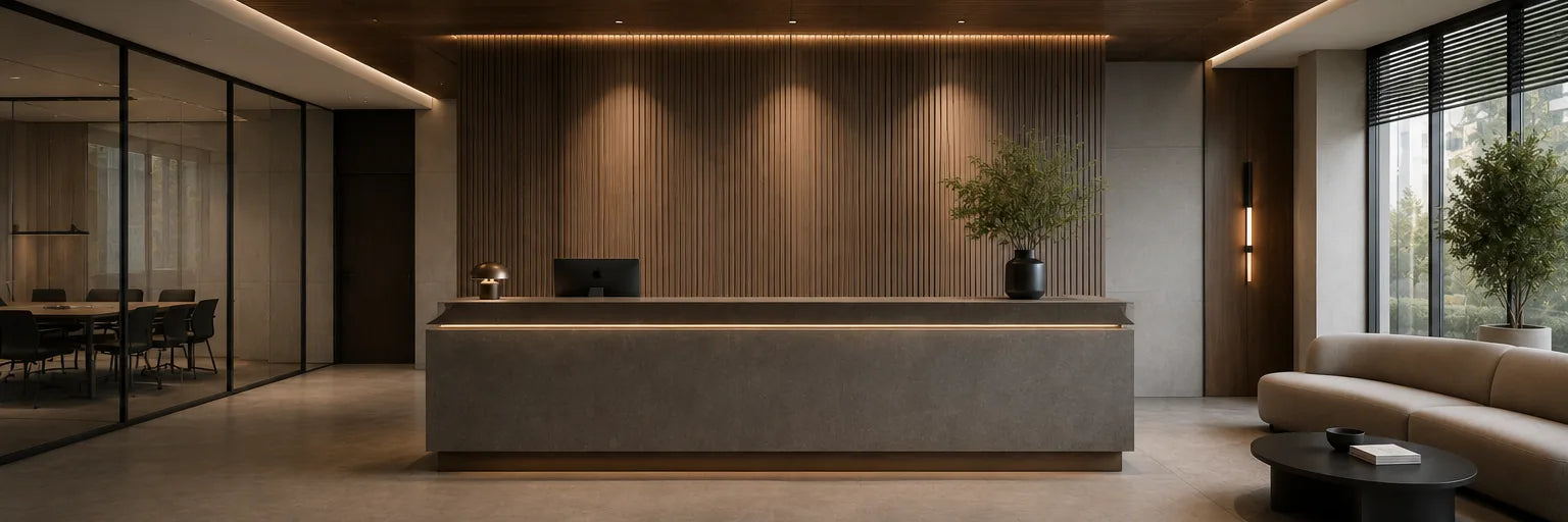 Dark LEONIX lobby with warm lighting and calm premium atmosphere